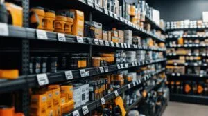 Organized hardware store aisle featuring tools, accessories, and visible price tags on shelves.