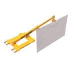 The Abaco Forklift Boom AFJ-25, coupled with a yellow countertop lifter from Abaco Machines, securely holds a large white marble-like slab in a vertical position. This arrangement is perfect for safely and efficiently transporting stone materials.