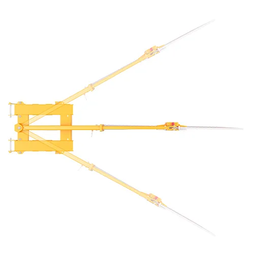 Abaco Swing Arm Forklift Boom in Yellow Yellow forklift boom with adjustable swing arm and four sturdy metal supports.