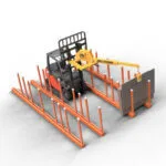 Abaco forklift boom ATPSF35 Abaco ATPSF35 forklift boom lifting materials at a busy construction site.
