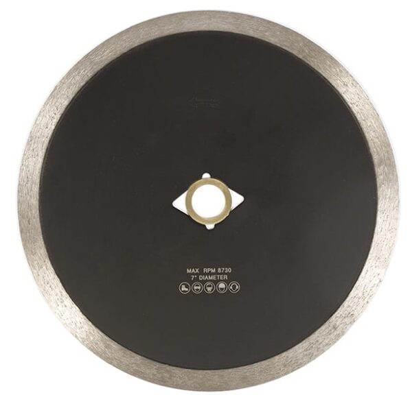 Continuous rim diamond blade for cutting porcelain tiles efficiently.