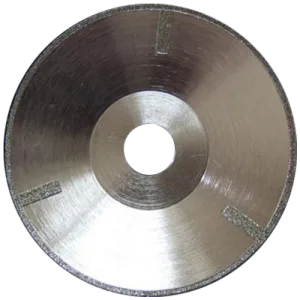 Electroplated concave diamond blade for cutting marble and stone surfaces.