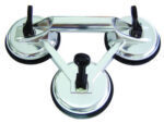 Triple suction cup tool for secure, versatile mounting on smooth surfaces.