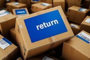 Labeled cardboard box placed atop other parcels for returns processing.
