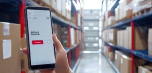 Person tracking delivery with smartphone in warehouse full of packages and boxes.